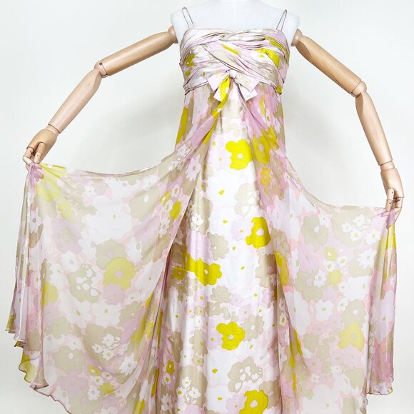 Vintage 60s 70s Custom Made Maxi Dress Gown Floral Print Pleated Romantic Boho - Picture 5 of 15